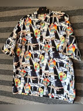 Vintage 90’s Monzini Collection WWII Babes & Planes Rayon Hawaiian Shirt Large